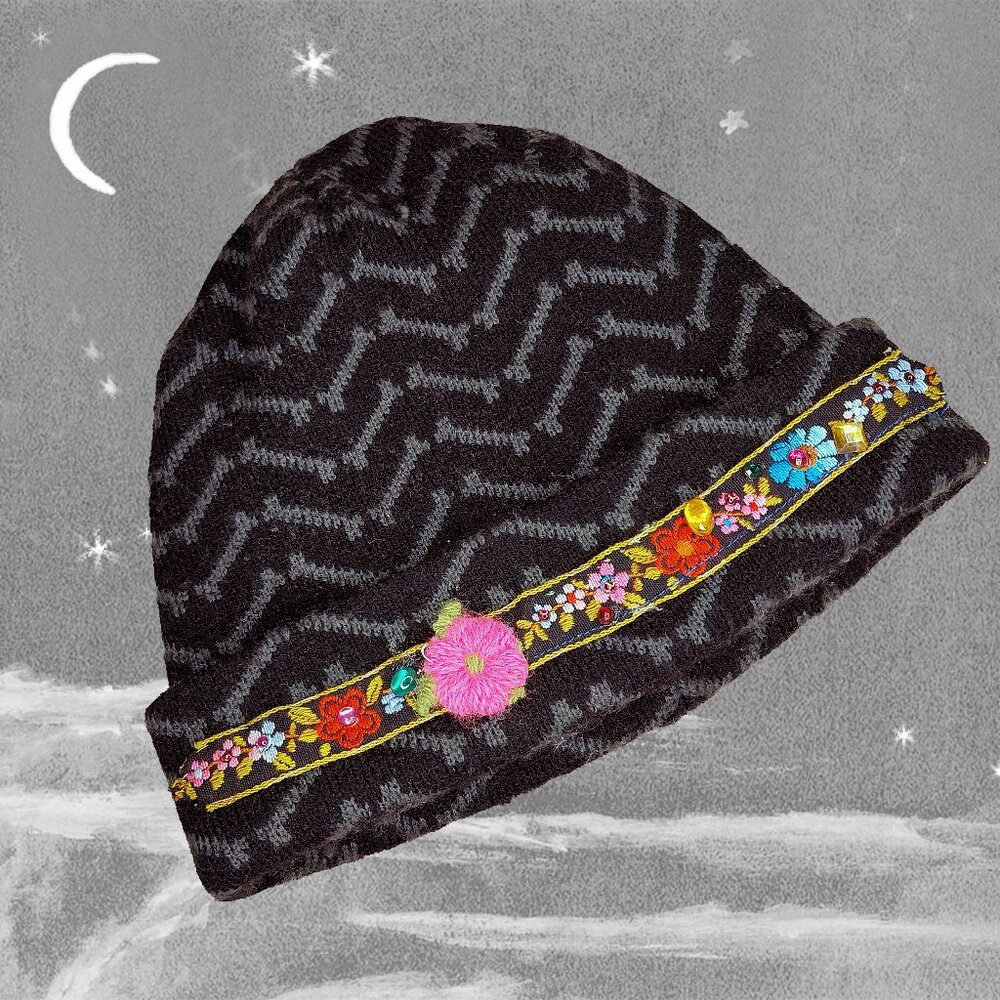 Winter Beanie Jeweled Embroidery, THICK and WARM Acrylic, OOAK Knit Cap Hat